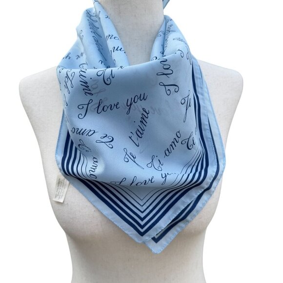 Tura Light Blue "I Love You" Scarf With Multilingual Script & Striped Border - Picture 1 of 6